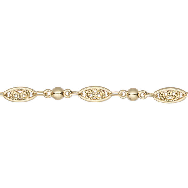 Chain, gold-finished "pewter" (zinc-based alloy), 4mm filigree and 3mm ball. Sold per pkg of 5 feet. image number 0
