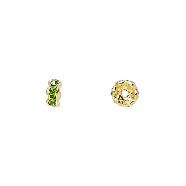 Bead, glass rhinestone and gold-finished brass, peridot green, 5x2mm rondelle. Sold per pkg of 10. image number 0