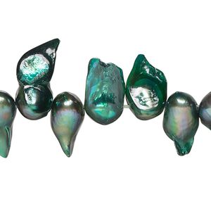 Pearl, cultured freshwater (dyed), dark green, 10x6mm-18x10mm baroque with 0.4mm hole, D grade, Mohs hardness 2-1/2 to 4. Sold per 15-inch strand.