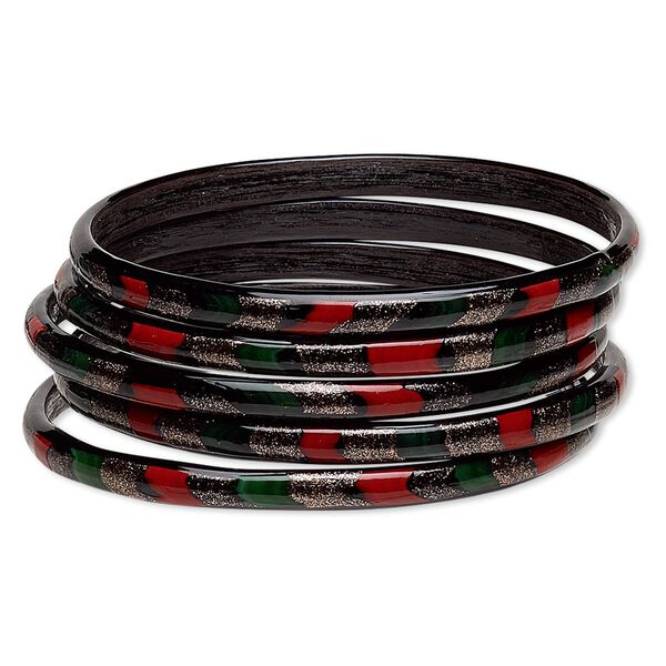 Bracelet, bangle, lampworked glass, black / red / green with copper-colored glitter, 6mm wide, 8 to 8-1/2 inches. Sold per pkg of 5. image number 0
