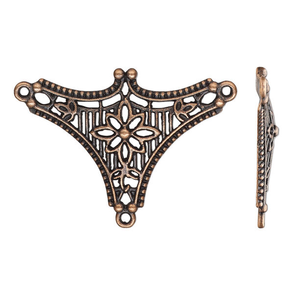 Connector, antique copper-finished "pewter" (zinc-based alloy), 43x31.5mm single-sided Y-connector with flower and 2 closed loops. Sold per pkg of 4. image number 0