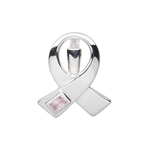 Pendant, sterling silver and cubic zirconia, pink, 25x21mm breast cancer awareness ribbon. Sold individually. image number 0