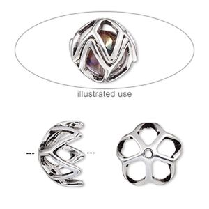 Bead cage, antique silver-plated "pewter" (zinc-based alloy), 14mm round with diamond cutout design, fits up to 10mm bead. Sold per 2-piece set.