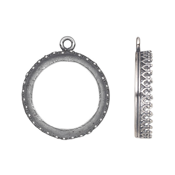 Drop, JBB Findings, antique silver-plated brass, 22mm round with decorative trim, 20mm round bezel setting. Sold per pkg of 2. image number 0