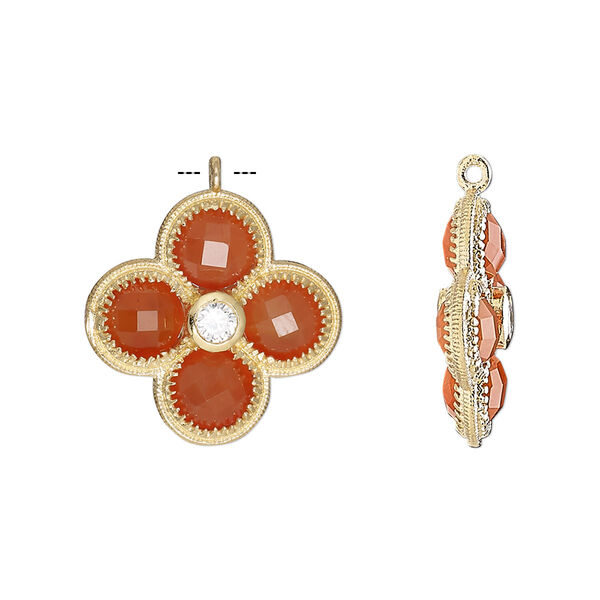 Drop, carnelian (dyed / heated) / cubic zirconia / gold-finished sterling silver, clear, 19mm double-sided faceted flower. Sold individually. image number 0