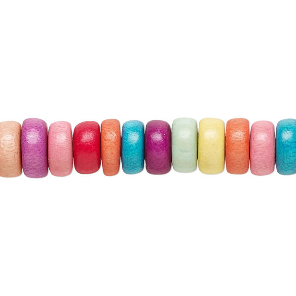 Bead, Taiwanese cheesewood (dyed / waxed), rainbow, 8x4mm rondelle. Sold per pkg of (2) 15-1/2" to 16" strands. image number 0