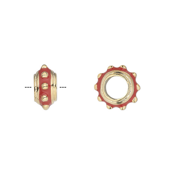 Bead, Dione®, gold-finished "pewter" (zinc-based alloy) and enamel, red, 12x6mm beaded rondelle with 5mm hole. Sold individually. image number 0