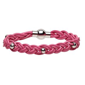 Bracelet, leather (dyed) and stainless steel, pink, 11mm wide braided with 5mm round, 7 inches with magnetic clasp. Sold individually.