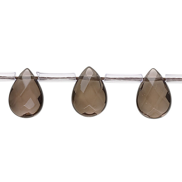 Bead, smoky quartz (heated / irradiated), 11x7mm-12x9mm hand-cut top-drilled faceted flat teardrop, B grade, Mohs hardness 7. Sold per 15-1/2" to 16" strand, approximately 30 beads. image number 0