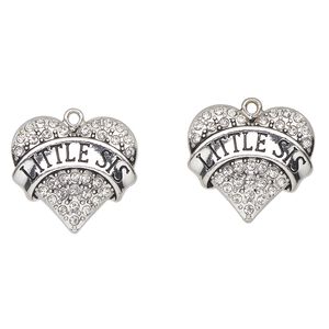 Charm, antique silver-finished enamel "pewter" (zinc-based alloy) and glass, clear and black, 24x23mm heart with "Little Sis". Sold per pkg of 2.