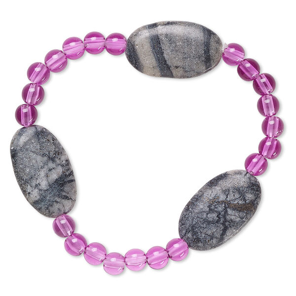 Bracelet, stretch, Picasso marble (natural) and acrylic, purple, 5mm round and 24x14mm-25x15mm flat oval, 6-1/2 inches. Sold individually. image number 0
