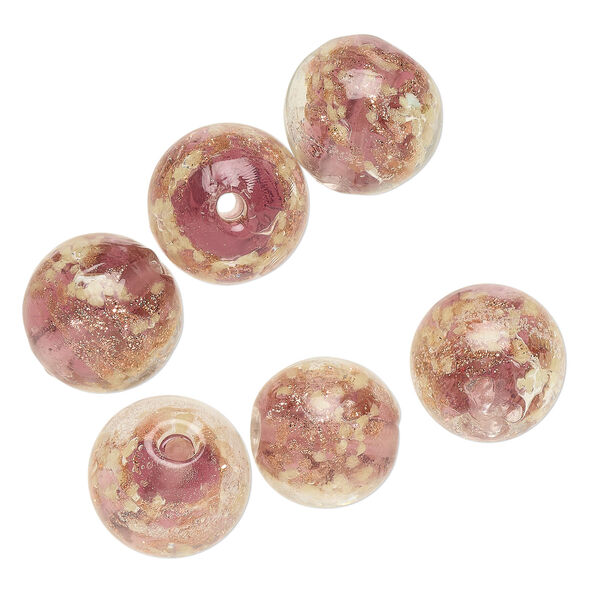 Bead, lampworked glass, clear / purple / glow-in-the-dark / gold, 12mm round. Sold per pkg of 6. image number 0