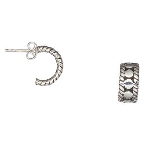 Earstud, Create Compliments®, antiqued sterling silver, 13mm half-circle with post, rope edges and round design. Sold per pair.