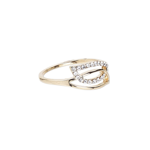 Ring, Czech glass rhinestone and gold-finished "pewter" (zinc-based alloy), clear, 8mm wide with leaf, size 7. Sold individually. image number 0
