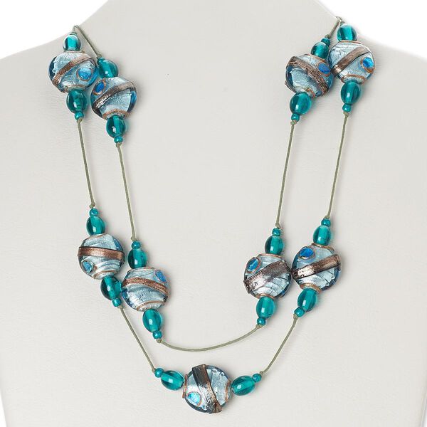 Necklace, glass / lampworked glass / waxed cotton cord, green and teal with silver-colored foil and copper-colored glitter, 42-inch continuous loop. Sold individually. image number 0