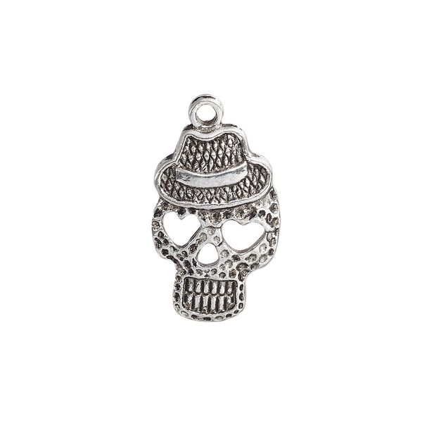 Charm, antique silver-plated "pewter" (zinc-based alloy), 22.5x14.5mm single-sided skull with hat and heart eyes. Sold per pkg of 10. image number 0