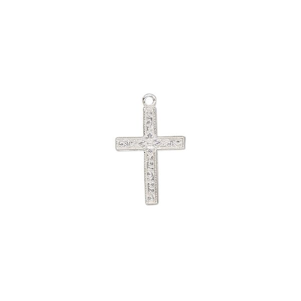 Drop, sterling silver, 14x10mm single-sided flat cross with diamond design. Sold individually. image number 0