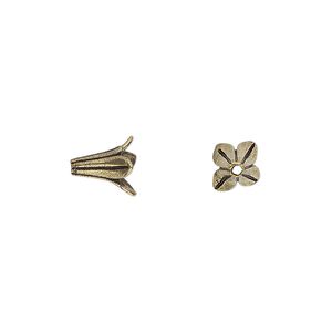 Bead cap, antique gold-finished brass, 8mm 4-petal flower, fits 6-8mm bead. Sold per pkg of 12.