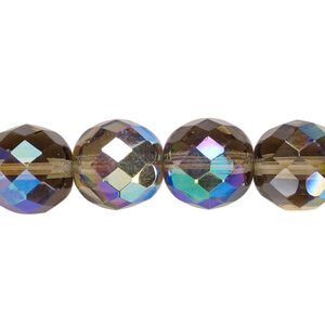 Bead, Czech fire-polished glass, pkg/15-1/2 to 16 inches, 12mm faceted round, translucent smoke AB, (40020-28701).