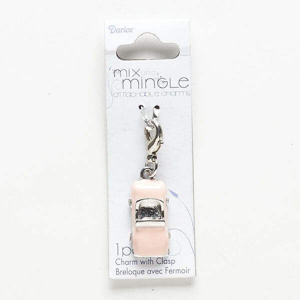 Charm, enamel / glass rhinestone / silver-finished "pewter" (zinc-based alloy), light pink and clear, 23x12mm car with lobster claw clasp. Sold individually. image number 0