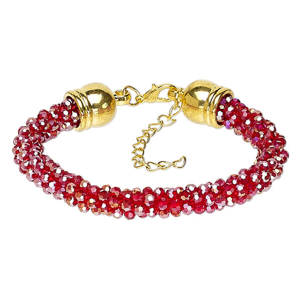 Bracelet, glass / gold-coated plastic / gold-finished steel / "pewter" (zinc-based alloy), red AB, 7.5mm wide, 7 inches with 2-inch extender chain and lobster claw clasp. Sold individually. image number 0