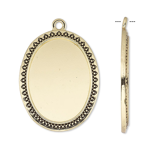 Focal, antique gold-finished "pewter" (zinc-based alloy), 31x24mm oval with beaded and triangle edge with 25x18mm oval setting. Sold per pkg of 6. image number 0
