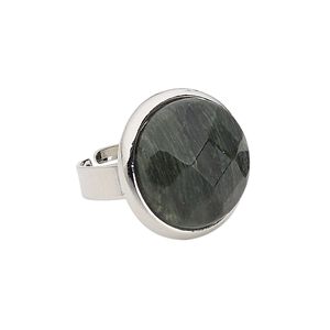 Ring, green line jasper (natural) with silver-plated steel and "pewter" (zinc-based alloy), 21mm faceted round, adjustable from size 5-9. Sold individually.
