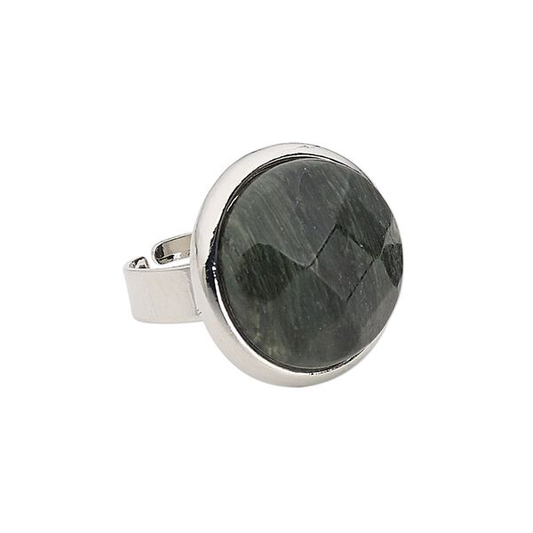Ring, green line jasper (natural) with silver-plated steel and "pewter" (zinc-based alloy), 21mm faceted round, adjustable from size 5-9. Sold individually. image number 0