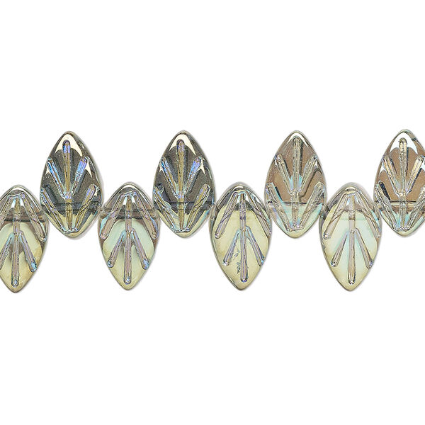 Bead, glass, translucent green AB, 11x6.5mm top-drilled leaf. Sold per 15-1/2" to 16" strand. image number 0