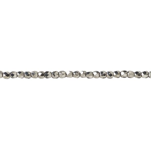 Bead, fire-polished, metallic grey glass, opaque clear, 2mm faceted round. Sold per 8-inch strand, approximately 95-100 beads. image number 0