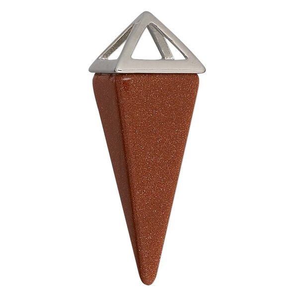 Focal, brown goldstone (man-made) and imitation rhodium-finished "pewter" (zinc-based alloy), 36x15mm-42x15mm 4-sided point. Sold individually. image number 0