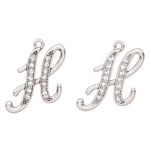 Charm, antique silver-finished "pewter" (zinc-based alloy) and glass, clear, 25x20mm letter "H". Sold per pkg of 2.