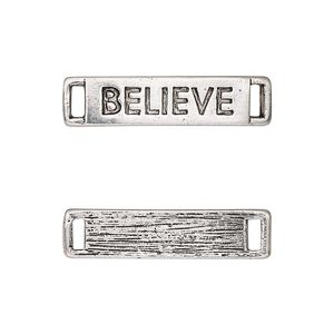 Link, antique silver-finished "pewter" (zinc-based alloy), 27.5x6.5mm single-sided curved flat rectangle with "BELIEVE." Sold per pkg of 2.