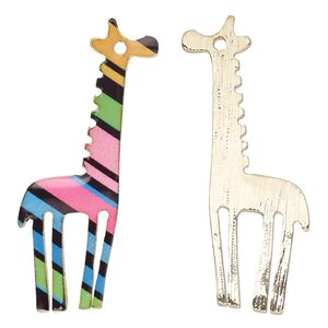 Focal, resin and gold-finished "pewter" (zinc-based alloy), rainbow, 33x16mm single-sided giraffe. Sold individually.