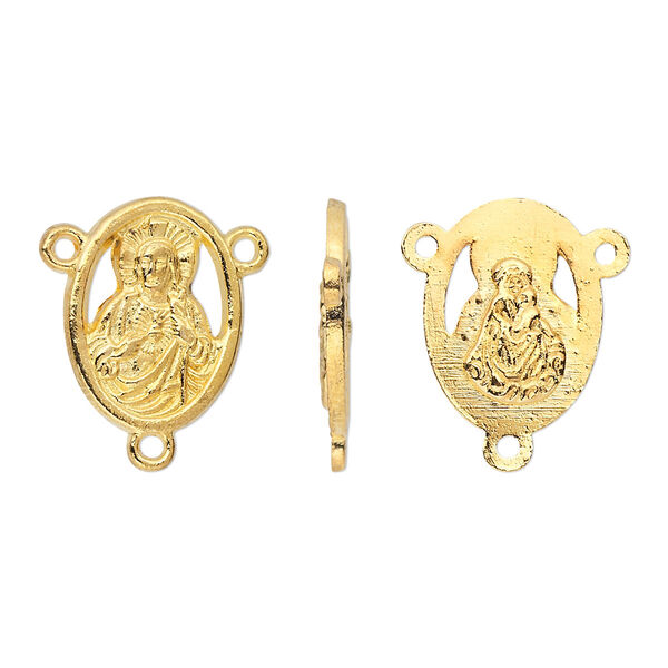 Connector, gold-finished "pewter" (zinc-based alloy), 16x12mm double-sided oval rosary with Sacred Heart of Jesus and Madonna with Christ Child. Sold per pkg of 10. image number 0