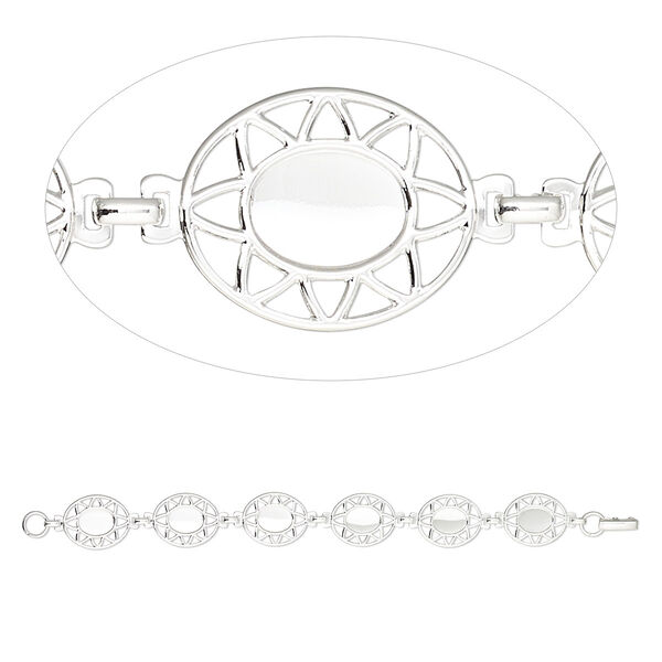Bracelet component, silver-plated brass, 20x17 fancy oval with (6) 10x8mm oval settings, 7 inches with fold-over clasp. Sold per pkg of 10. image number 0