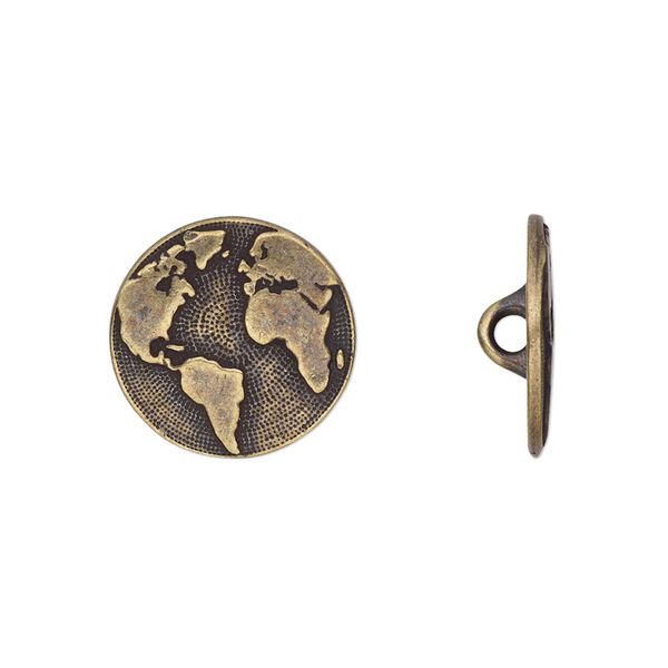 Button, TierraCast®, antique brass-plated pewter (tin-based alloy), 16mm flat round with Earth and closed loop. Sold per pkg of 2. image number 0
