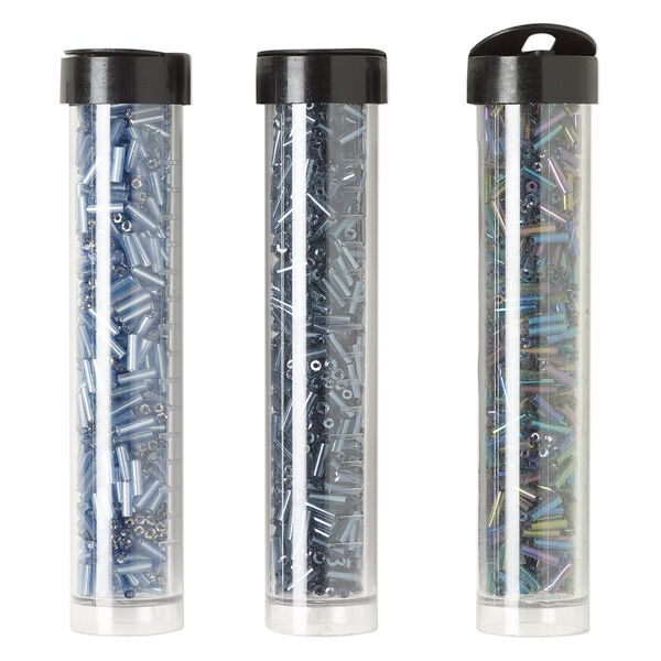 Bugle bead mix, Ming Tree&trade;, glass, opaque to translucent silver-lined rainbow grey / grey-blue / peacock, 1/4 inch. Sold per pkg of (3) 4 x 3/4 inch vials, approximately 2,000 beads. image number 0