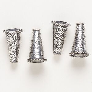 Cone, silver-finished "pewter" (zinc-based alloy), 21x13mm cone with swirls and rope edges. Sold per pkg of 4.