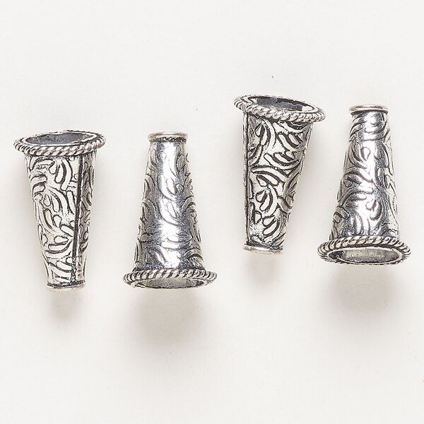 Cone, silver-finished "pewter" (zinc-based alloy), 21x13mm cone with swirls and rope edges. Sold per pkg of 4. image number 0