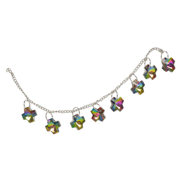 Component, steel and glass, pkg/8, 14mm faceted Swiss cross, silver finish and clear vitrail. image number 0