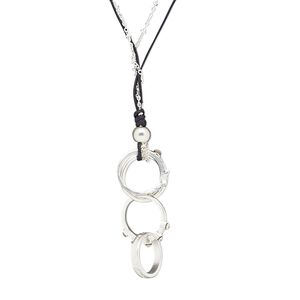 Necklace, glass rhinestone / waxed cotton cord / silver-plated brass / steel / "pewter" (zinc-based alloy), black and clear, 2-1/2 inch dangle with ring, 28 inches with 2-inch extender chain and lobster claw clasp. Sold individually.