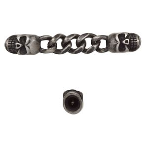 Focal, stainless steel, black, 60x9mm with 15x9mm skull and 9mm curb chain with 2 glue-in cord ends, 3.5mm inside diameter. Sold individually.