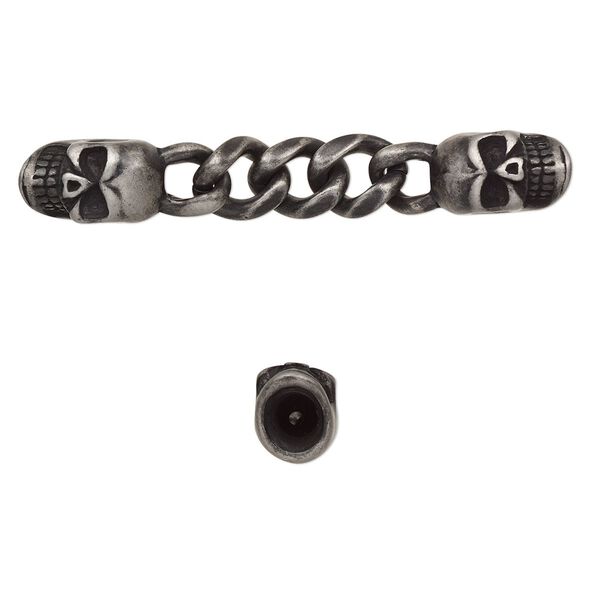 Focal, stainless steel, black, 60x9mm with 15x9mm skull and 9mm curb chain with 2 glue-in cord ends, 3.5mm inside diameter. Sold individually. image number 0
