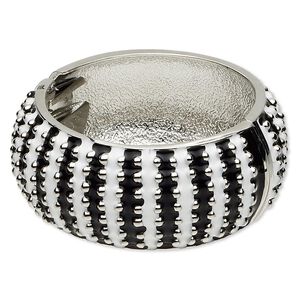 Bracelet, hinged bangle, epoxy and rhodium-finished "pewter" (zinc-based alloy), black and white, 32mm wide with raised dot design, 7 inches. Sold individually.
