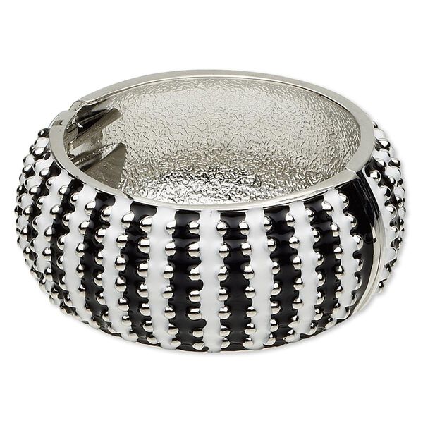 Bracelet, hinged bangle, epoxy and rhodium-finished "pewter" (zinc-based alloy), black and white, 32mm wide with raised dot design, 7 inches. Sold individually. image number 0