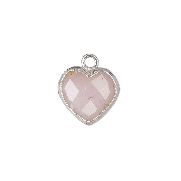 Drop, pink opal (natural) / sterling silver / silver-plated copper, 13mmx12mm hand-cut faceted puffed heart. Sold individually. image number 0