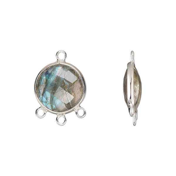 Drop, sterling silver and labradorite (natural), 14mm hand-cut double-sided faceted puffed flat round with 3 closed loops, Mohs hardness 6 to 6-1/2. Sold individually. image number 0