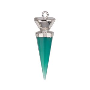 Focal, green onyx (dyed) / electroplated silver / silver-plated sterling silver, 30x9.5mm-31x10mm hand-cut faceted point. Sold individually.