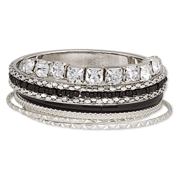Bracelet, bangle and stretch, enamel / glass / glass rhinestone / imitation rhodium-finished steel, black and clear, 3-10mm wide with cupchain, 7-1/2 to 8 inches. Sold per 5-piece set. image number 0